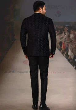 Velvet Embossed Satin Three piece Tuxedo Set in Black