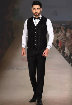 Velvet Embossed Satin Three piece Tuxedo Set in Black