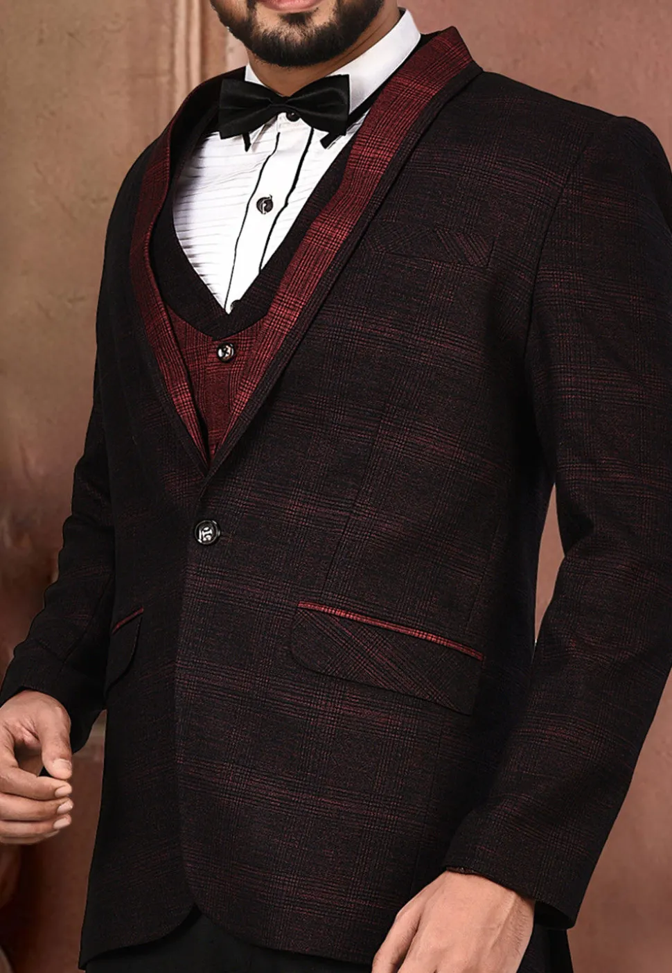 Woven Acrylic Cotton Tuxedo in Maroon and Black