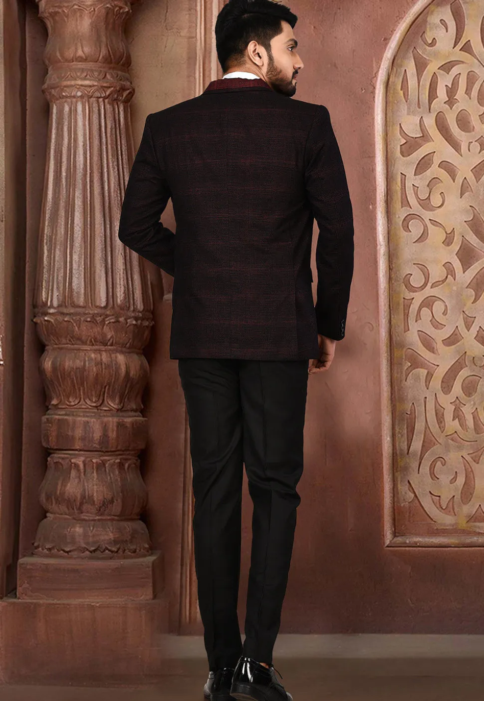 Woven Acrylic Cotton Tuxedo in Maroon and Black