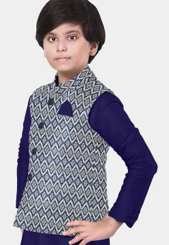Woven Art Banarasi Silk Nehru Jacket in Beige and Blue