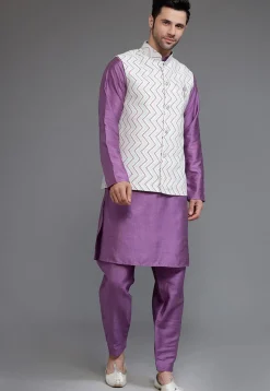 Woven Art Dupion Silk Kurta Jacket Set in Purple and Off White