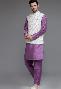 Woven Art Dupion Silk Kurta Jacket Set in Purple and Off White