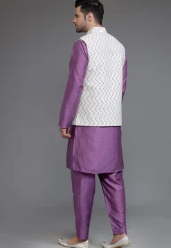 Woven Art Dupion Silk Kurta Jacket Set in Purple and Off White