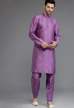 Woven Art Dupion Silk Kurta Jacket Set in Purple and Off White