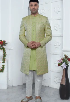 Woven Art Jacquard Silk Layered Sherwani in Light Green