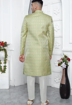 Woven Art Jacquard Silk Layered Sherwani in Light Green