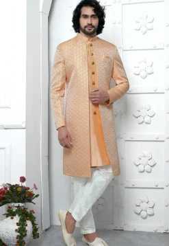 Woven Art Jacquard Silk Layered Sherwani in Orange