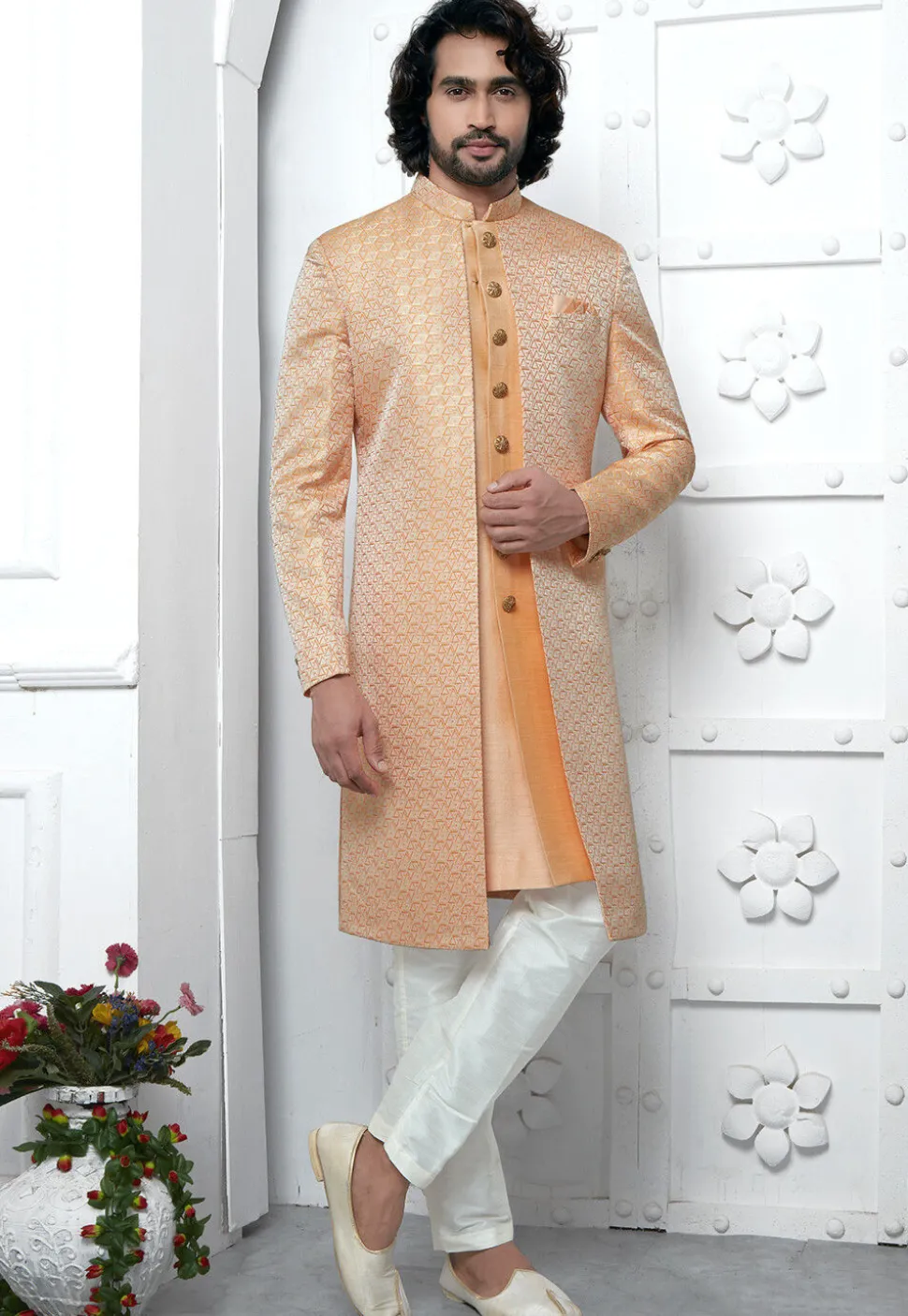 Woven Art Jacquard Silk Layered Sherwani in Orange