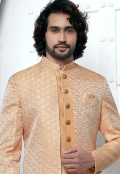 Woven Art Jacquard Silk Layered Sherwani in Orange