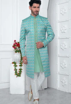 Woven Art Jacquard Silk Layered Sherwani in Dusty Green