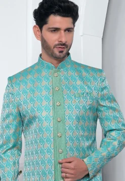Woven Art Jacquard Silk Layered Sherwani in Dusty Green