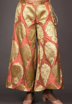 Woven Art Jacquard Silk Pallazo in Peach
