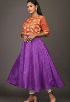Woven Art Silk A Line Kurta in Purple and Orange