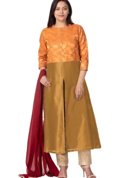 Woven Art Silk A Line Suit in Dark Beige and Orange