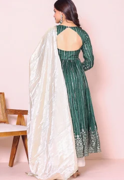 Woven Art Silk A Line Suit in Dark Green