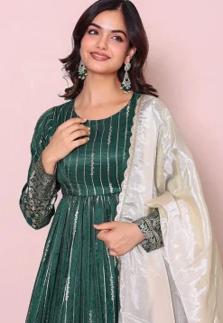 Woven Art Silk A Line Suit in Dark Green