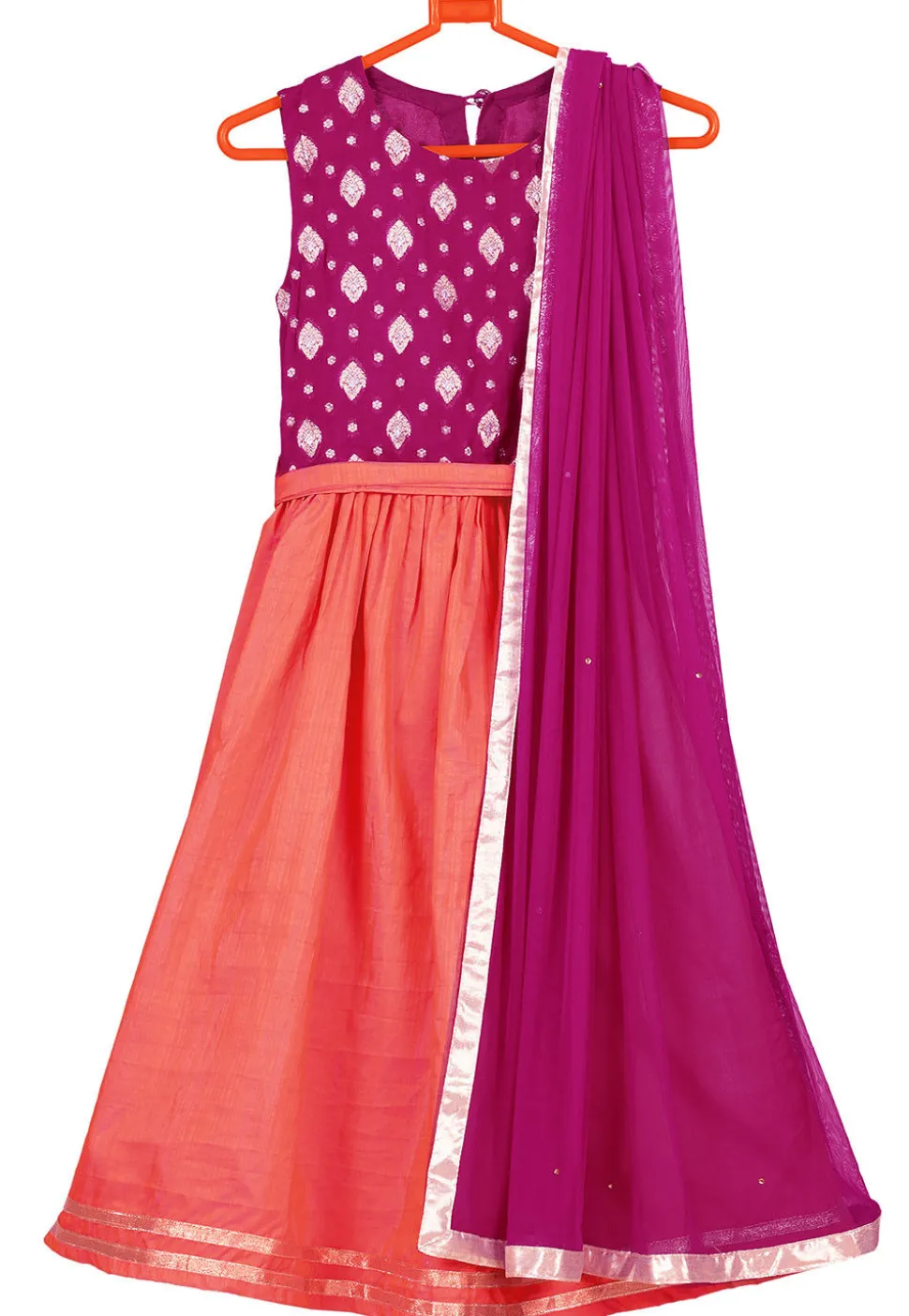 Woven Art Silk Abaya Style Suit in Peach and Magenta