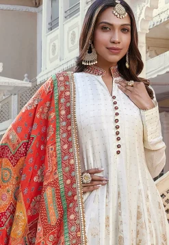 Woven Art Silk Abaya Style Suit in Off White