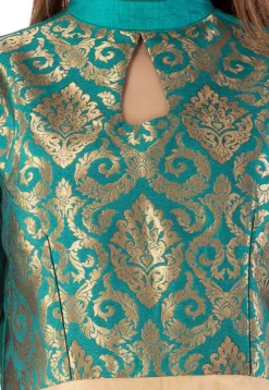 Woven Art Silk Abaya Style Suit in Beige and Turquoise