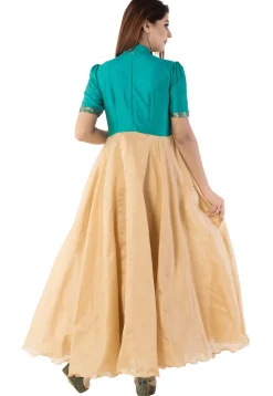 Woven Art Silk Abaya Style Suit in Beige and Turquoise