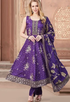 Woven Art Silk Anarkali suit in Purple