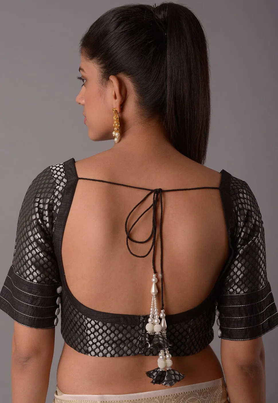 Woven Art Silk and Brocade Blouse in Black