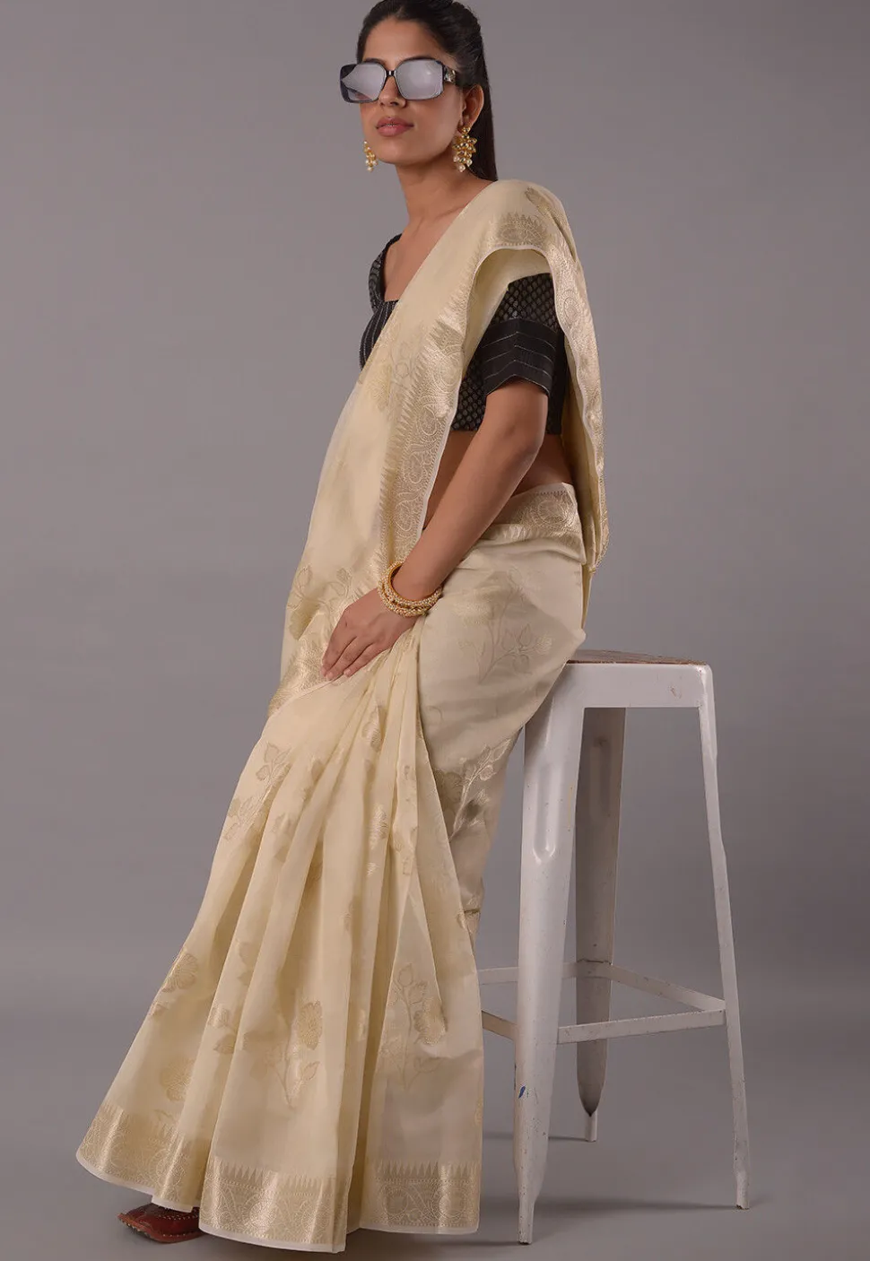 Woven Art Silk and Brocade Blouse in Black