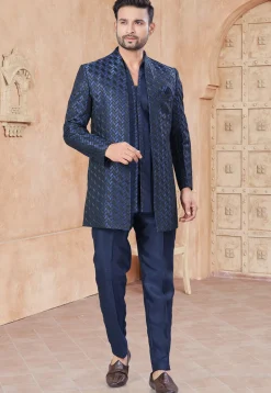 Woven Art Silk Bandhgala in Navy Blue
