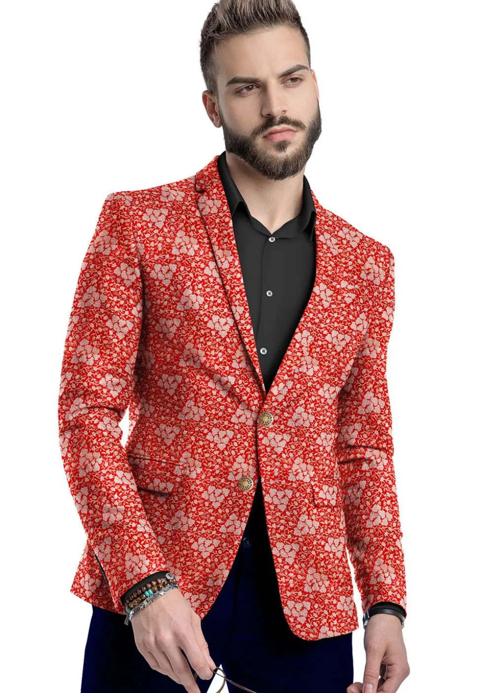 Woven Art Silk Blazer in Red
