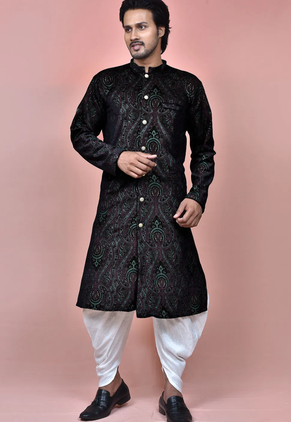 Woven Art Silk Brasso Dhoti Kurta in Black