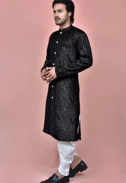 Woven Art Silk Brasso Dhoti Kurta in Black