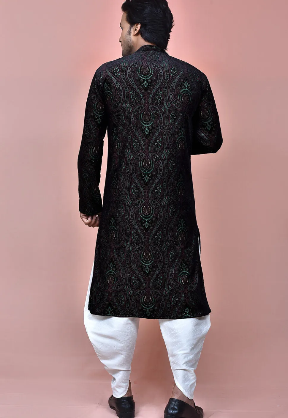 Woven Art Silk Brasso Dhoti Kurta in Black