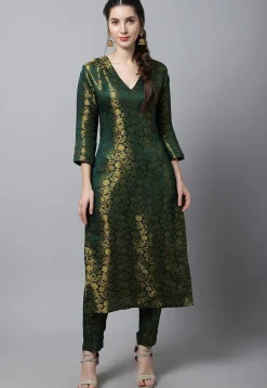 Woven Art Silk Brocade Straight Kurta Set in Dark Green