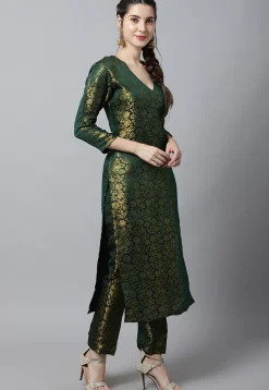 Woven Art Silk Brocade Straight Kurta Set in Dark Green