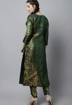 Woven Art Silk Brocade Straight Kurta Set in Dark Green