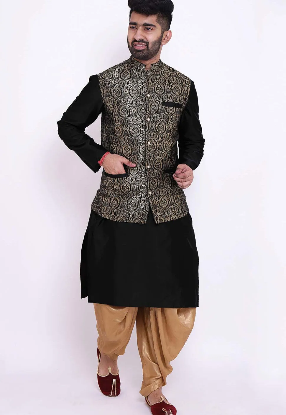 Woven Art Silk Dhoti Kurta in Black