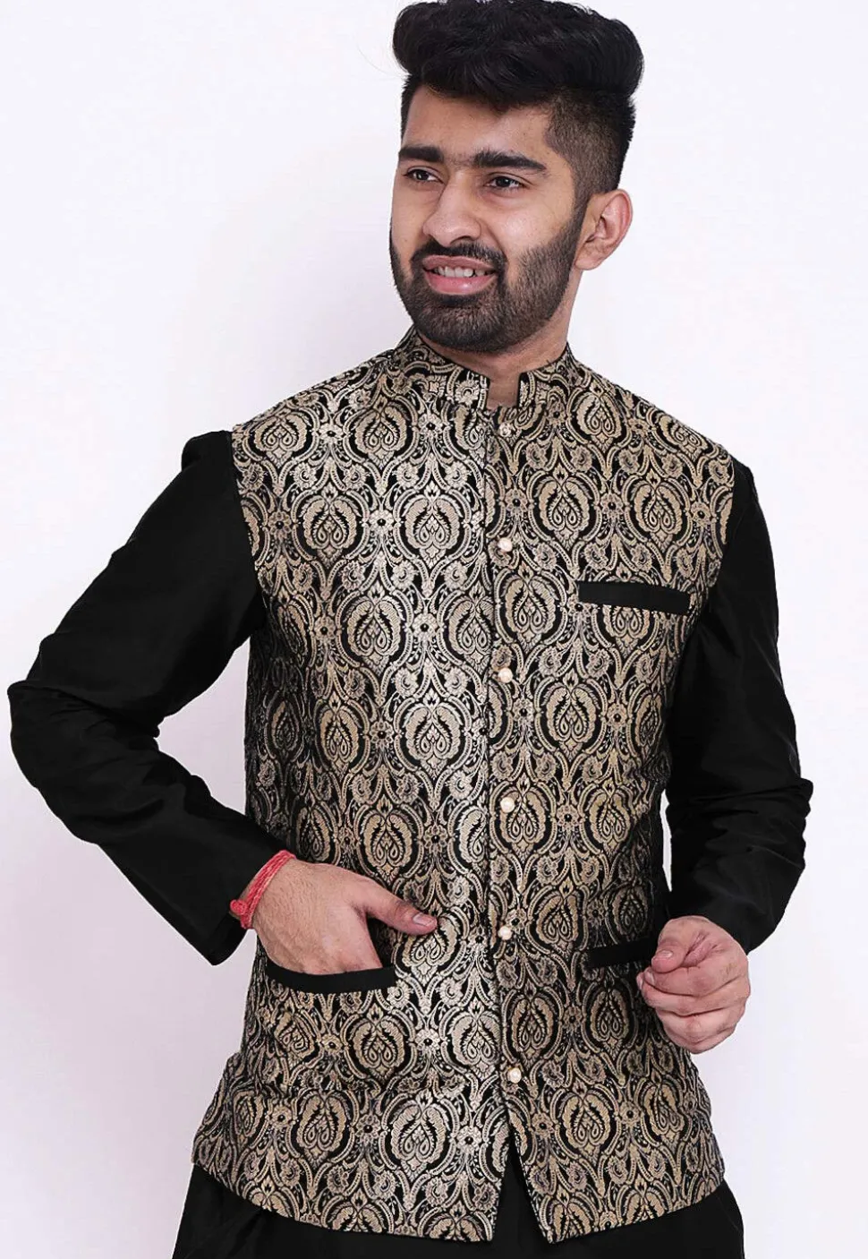 Woven Art Silk Dhoti Kurta in Black