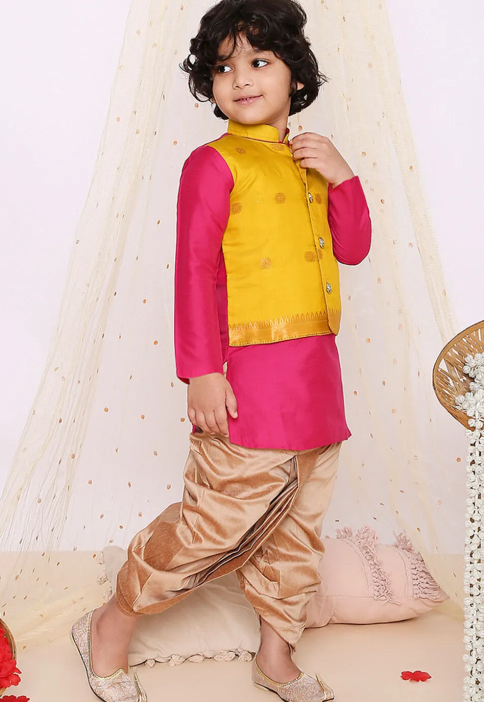 Woven Art Silk Dhoti Kurta in Fuchsia and Yellow