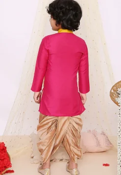 Woven Art Silk Dhoti Kurta in Fuchsia and Yellow