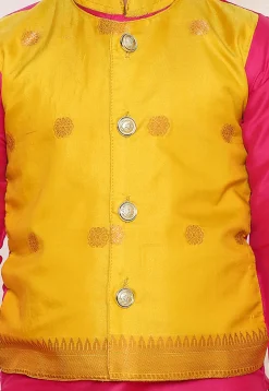 Woven Art Silk Dhoti Kurta in Fuchsia and Yellow