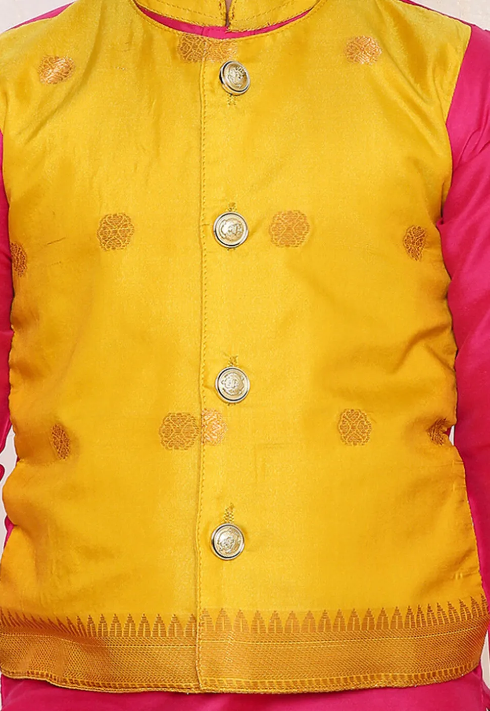Woven Art Silk Dhoti Kurta in Fuchsia and Yellow