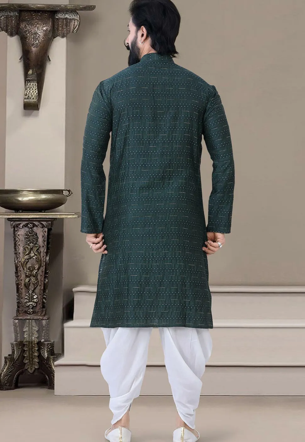Woven Art Silk Dhoti Kurta in Navy Blue