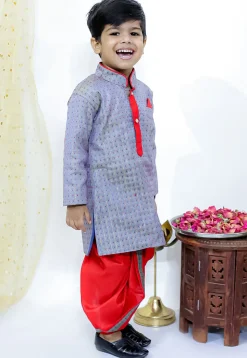 Woven Art Silk Dhoti Kurta in Dusty Blue