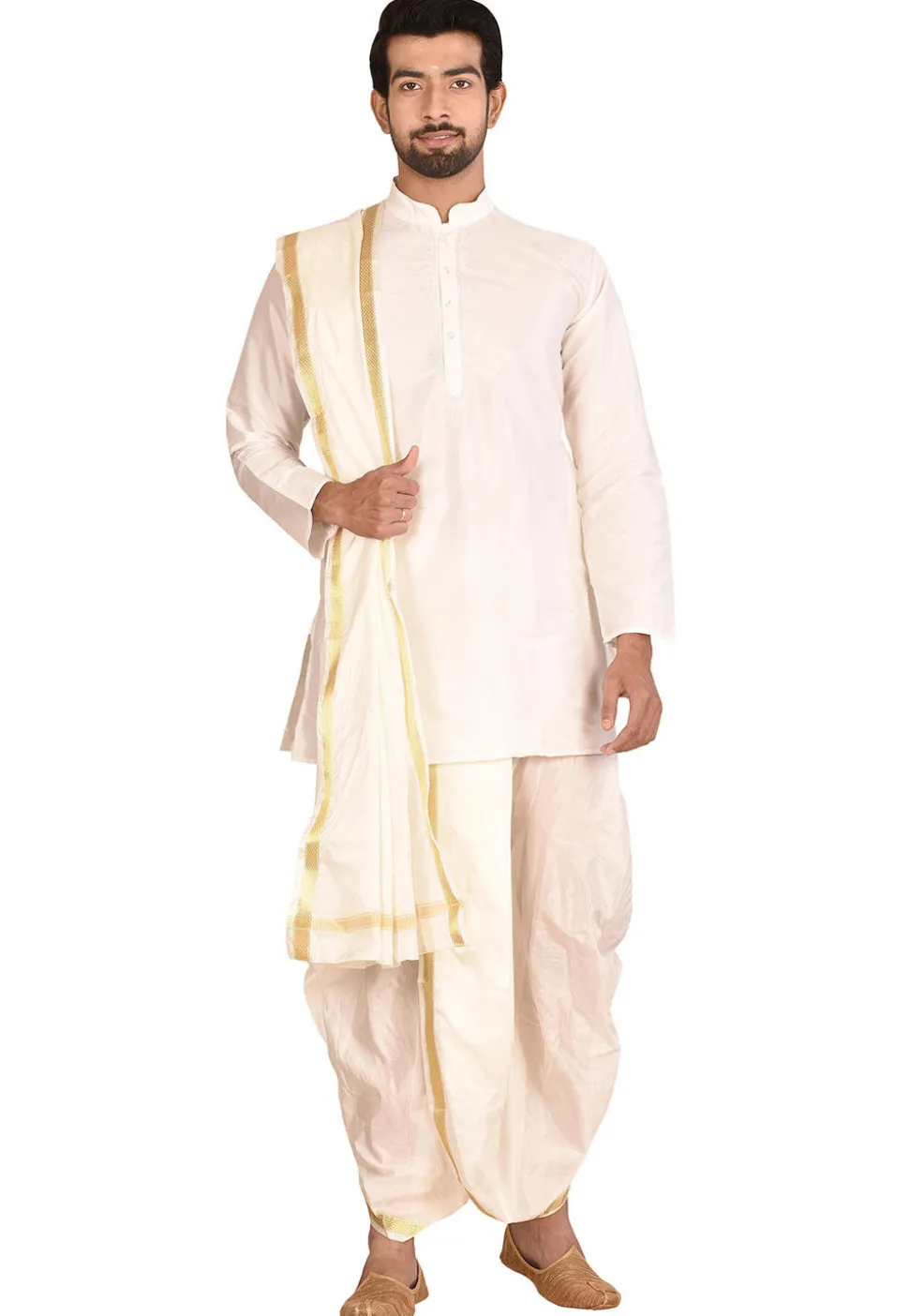 Woven Art Silk Dhoti Kurta Set in White