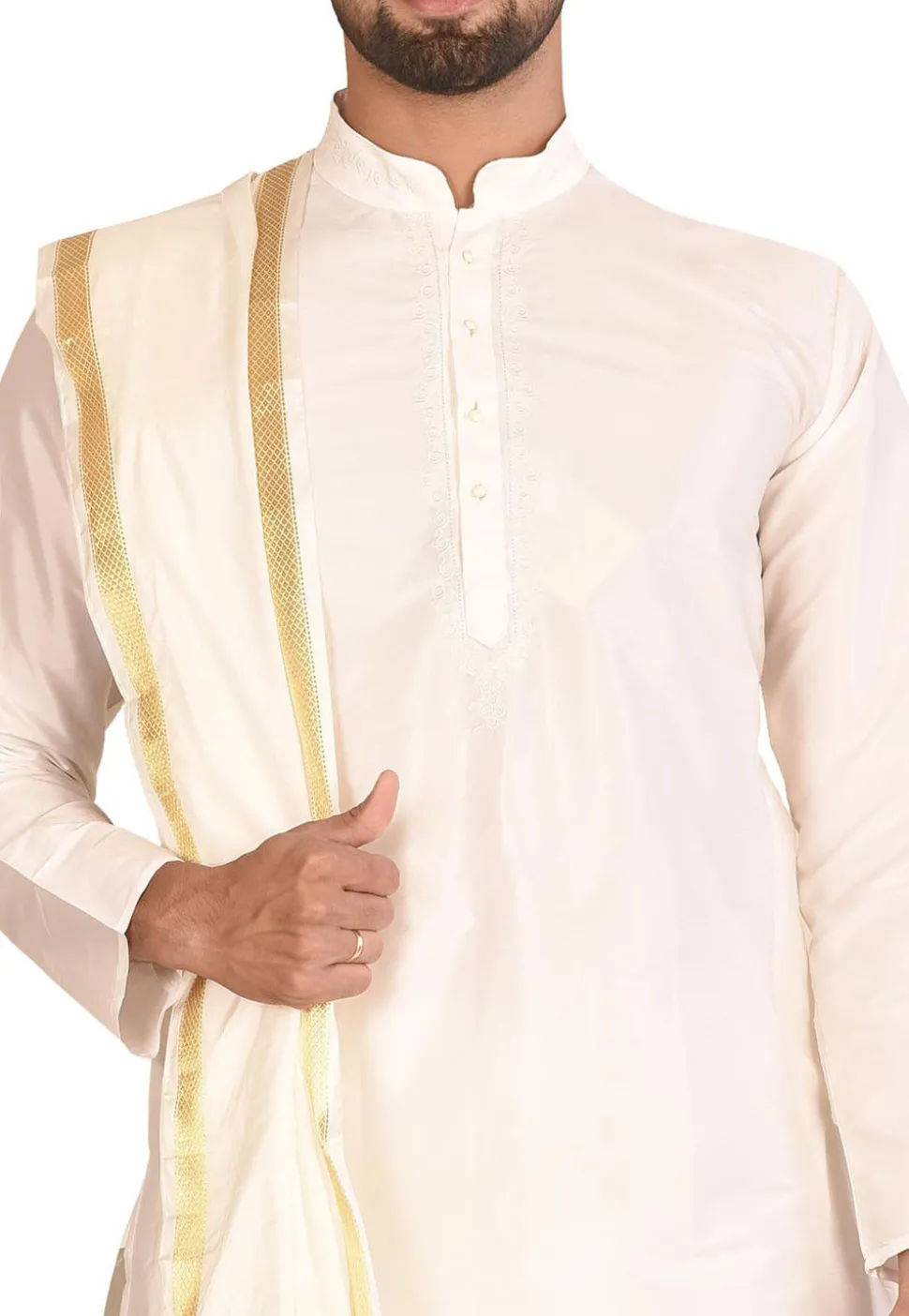 Woven Art Silk Dhoti Kurta Set in White