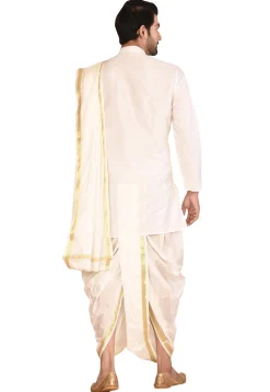 Woven Art Silk Dhoti Kurta Set in White