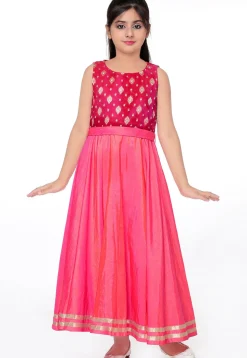 Woven Art Silk Flared Gown in Shaded Pink and Fuchsia