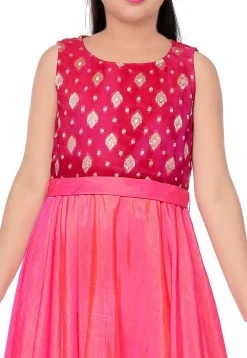 Woven Art Silk Flared Gown in Shaded Pink and Fuchsia