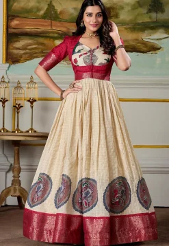 Woven Art Silk Gown in Light Beige